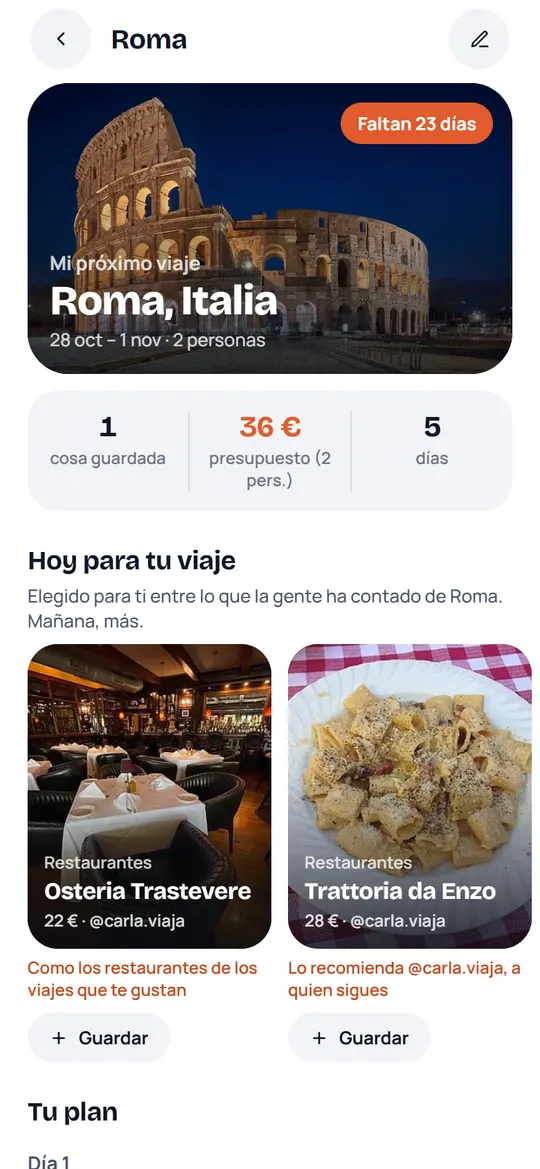 Pantalla de UVEI: «Mi próximo viaje» a Roma, con la cuenta atrás y dos restaurantes recomendados